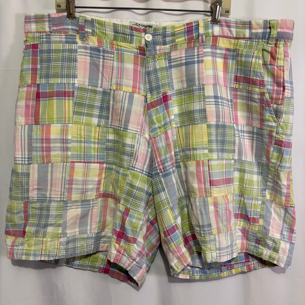Castaway Mens Patchwork Madras Plaid Shorts Sz 42 New England Preppy Frat